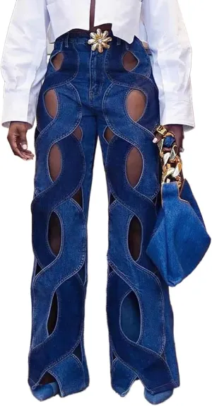 NRTHYE Criss Cross Hollow Out Jeans for Women Casual Straight Leg Denim Pants Streetwear
