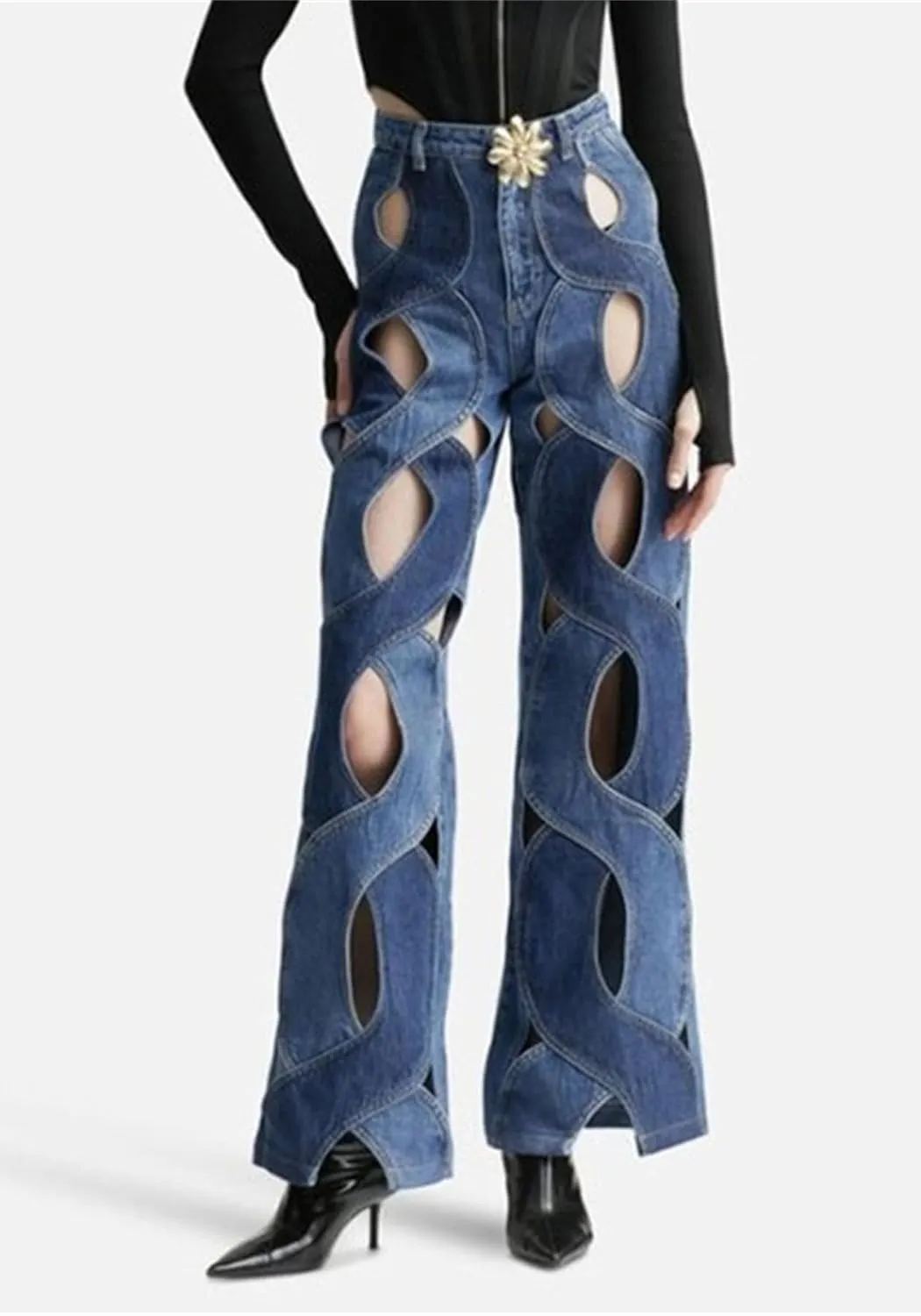 NRTHYE Criss Cross Hollow Out Jeans for Women Casual Straight Leg Denim Pants Streetwear