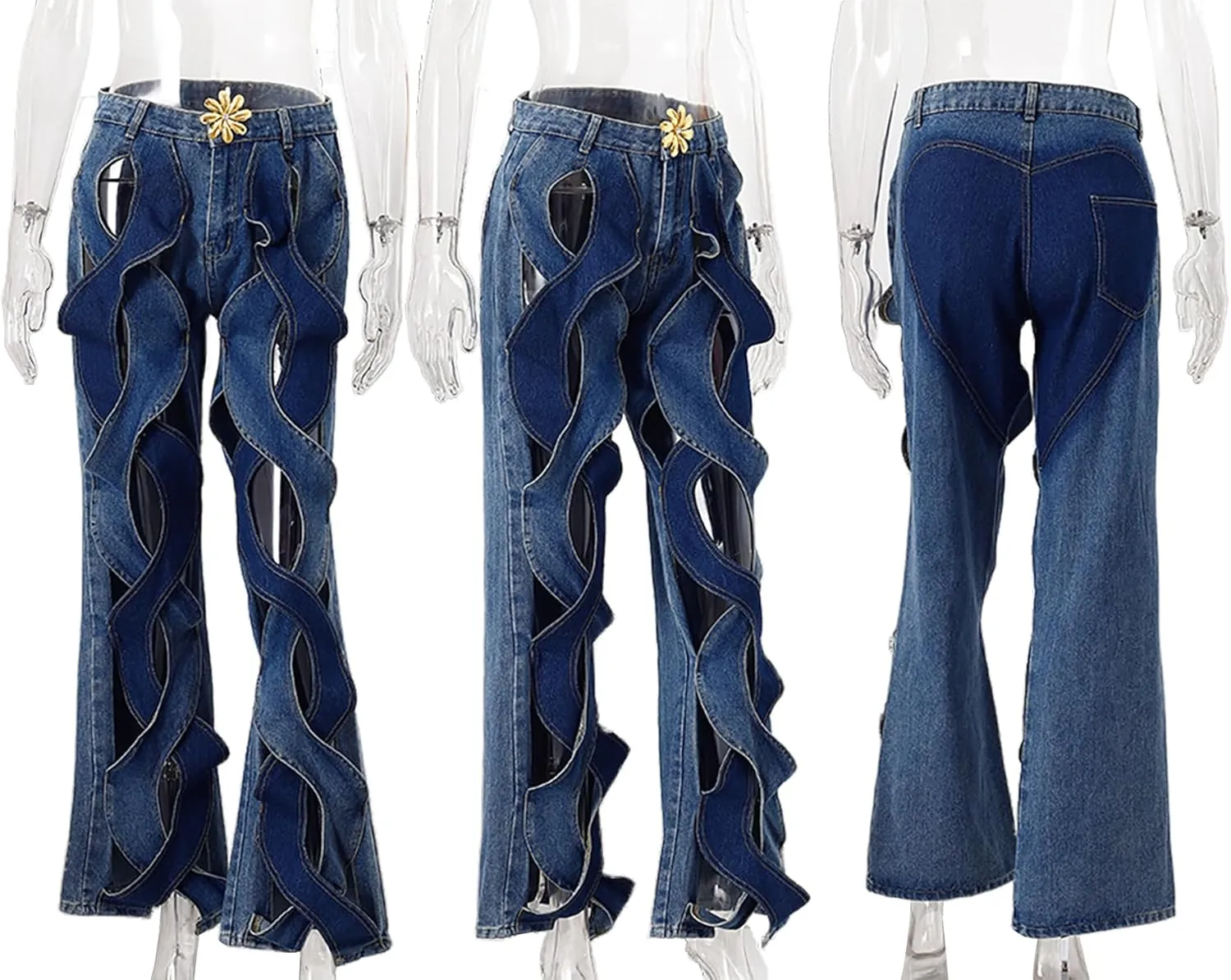 NRTHYE Criss Cross Hollow Out Jeans for Women Casual Straight Leg Denim Pants Streetwear