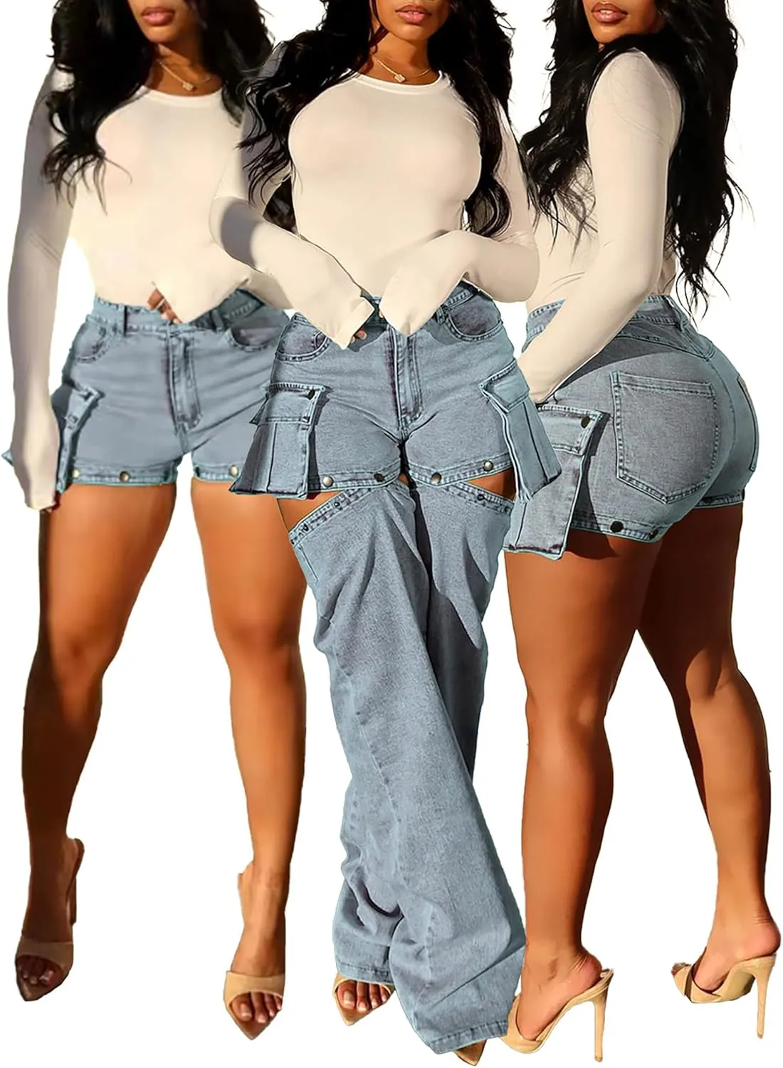 NRTHYE Women High Waisted Cargo Jeans Casual Straight Leg Denim Cargo Pants with Pockets