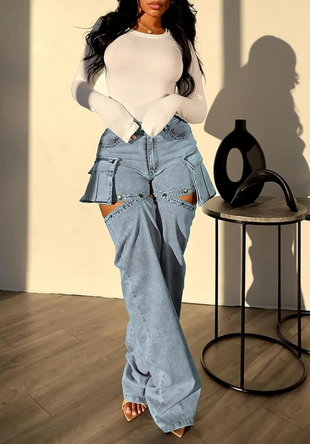 NRTHYE Women High Waisted Cargo Jeans Casual Straight Leg Denim Cargo Pants with Pockets