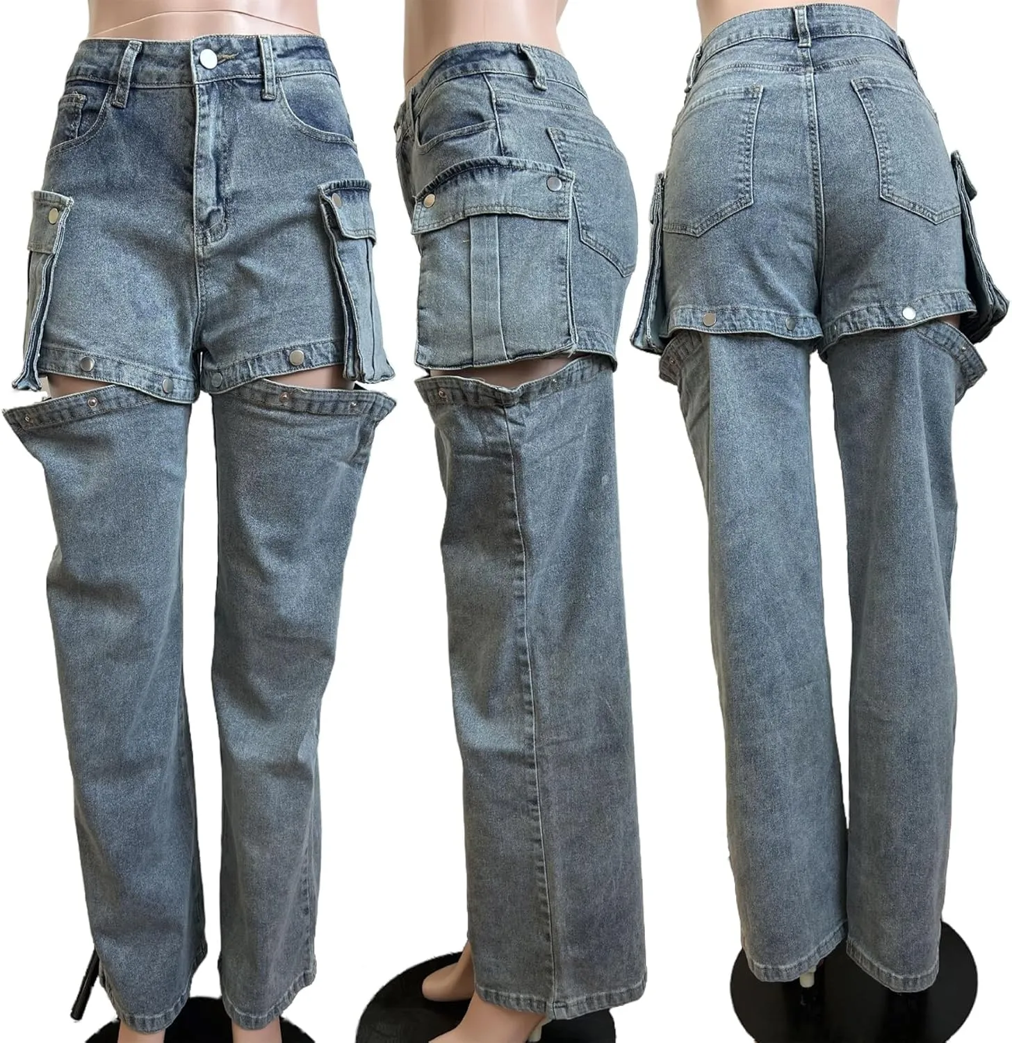 NRTHYE Women High Waisted Cargo Jeans Casual Straight Leg Denim Cargo Pants with Pockets
