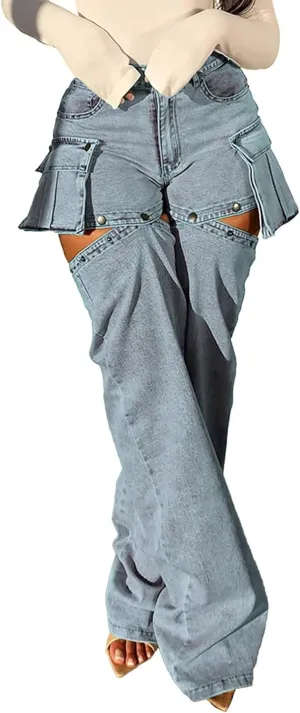 NRTHYE Women High Waisted Cargo Jeans Casual Straight Leg Denim Cargo Pants with Pockets