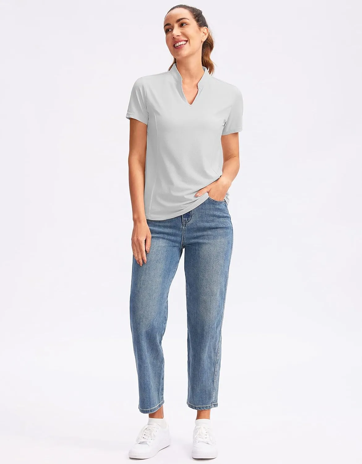 Obla Women's Golf Polo Shirt V-Neck Short Sleeve Collarless Quick Dry Tennis Running T Shirt Golf Tops for Women