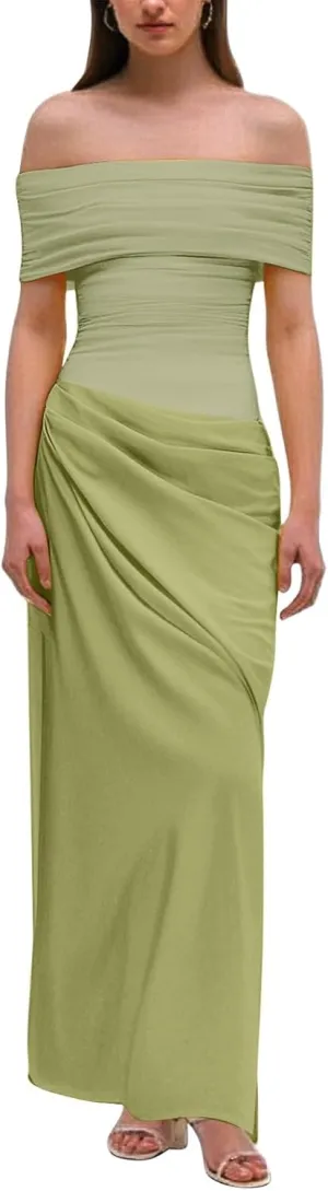 Off Shoulder Bridesmaid Dresses Long Ruched Chiffon Formal Evening Dress with Slit Woman Dresses Casual