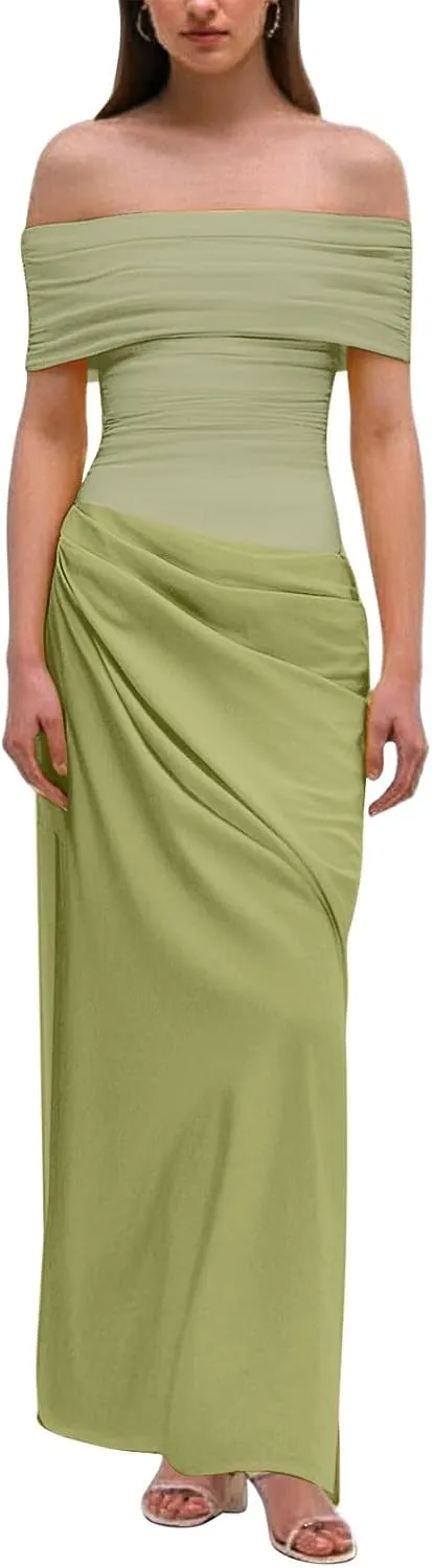 Off Shoulder Bridesmaid Dresses Long Ruched Chiffon Formal Evening Dress with Slit Woman Dresses Casual