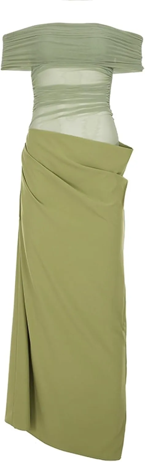 Off Shoulder Bridesmaid Dresses Long Ruched Chiffon Formal Evening Dress with Slit Woman Dresses Casual