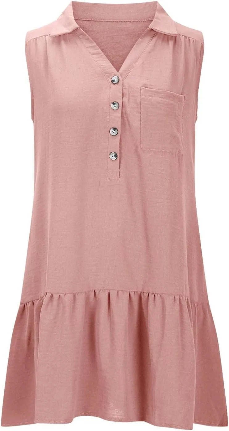 Oplxuo Women's Summer Mini Dress Sleeveless Lapel V-Neck Button Short Tank Sundress Flowy Ruffle Tiered Beach Vacation Dress