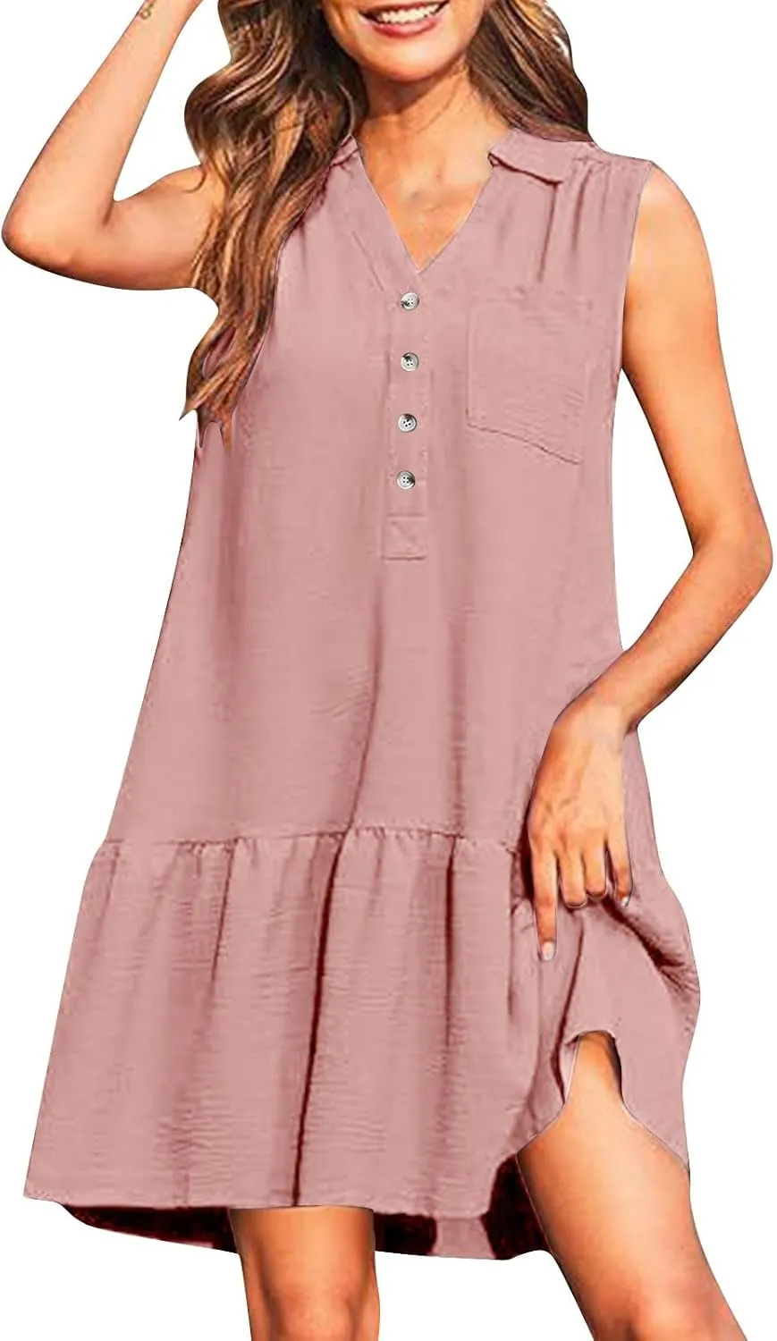 Oplxuo Women's Summer Mini Dress Sleeveless Lapel V-Neck Button Short Tank Sundress Flowy Ruffle Tiered Beach Vacation Dress