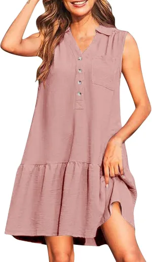 Oplxuo Women's Summer Mini Dress Sleeveless Lapel V-Neck Button Short Tank Sundress Flowy Ruffle Tiered Beach Vacation Dress