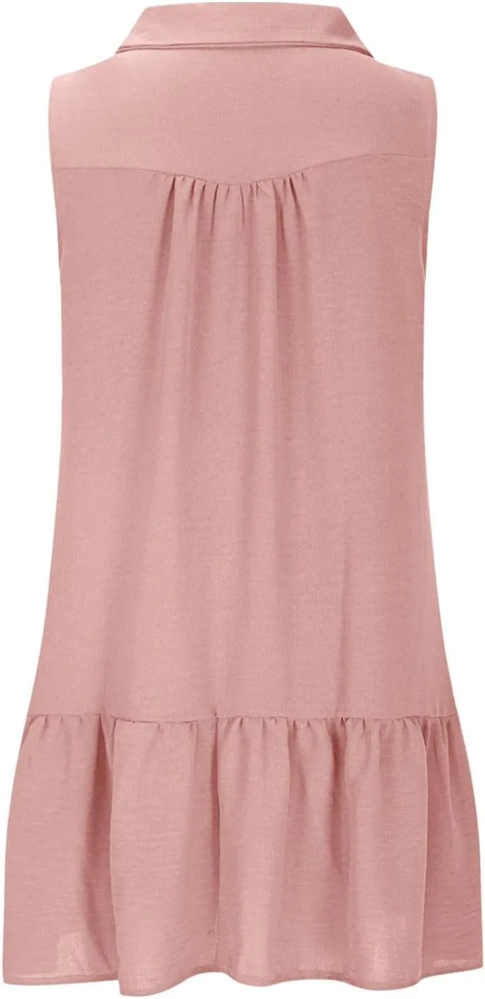 Oplxuo Women's Summer Mini Dress Sleeveless Lapel V-Neck Button Short Tank Sundress Flowy Ruffle Tiered Beach Vacation Dress