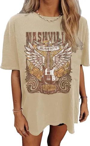 Oversized Graphic T-Shirt for Women Vintage Floral Shirt Rock Band Music Guitar Tee Casual Holiday Cute Plant Tops