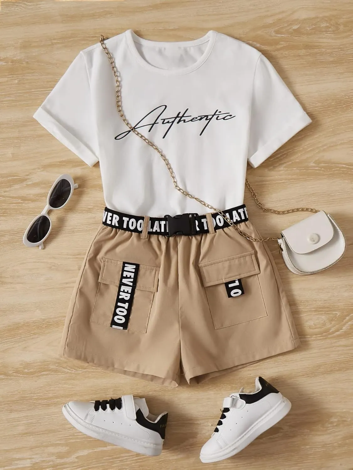OYOANGLE Girl's 2 Piece Outfits Letter Graphic Round Neck Tee Shirt and Buckle Belted Shorts Set
