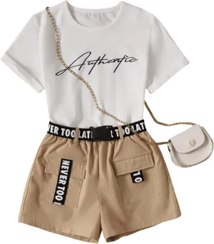 OYOANGLE Girl's 2 Piece Outfits Letter Graphic Round Neck Tee Shirt and Buckle Belted Shorts Set
