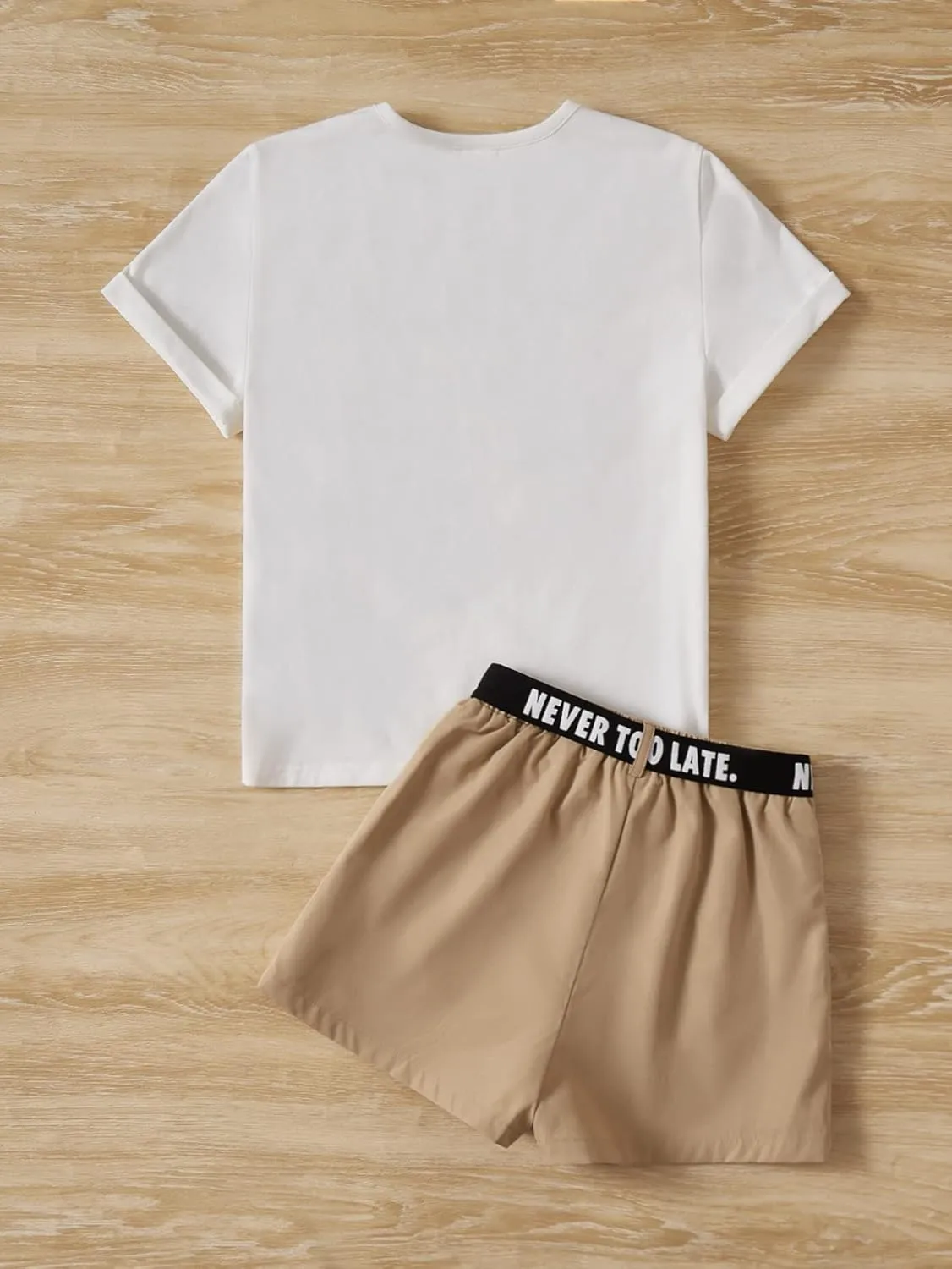 OYOANGLE Girl's 2 Piece Outfits Letter Graphic Round Neck Tee Shirt and Buckle Belted Shorts Set