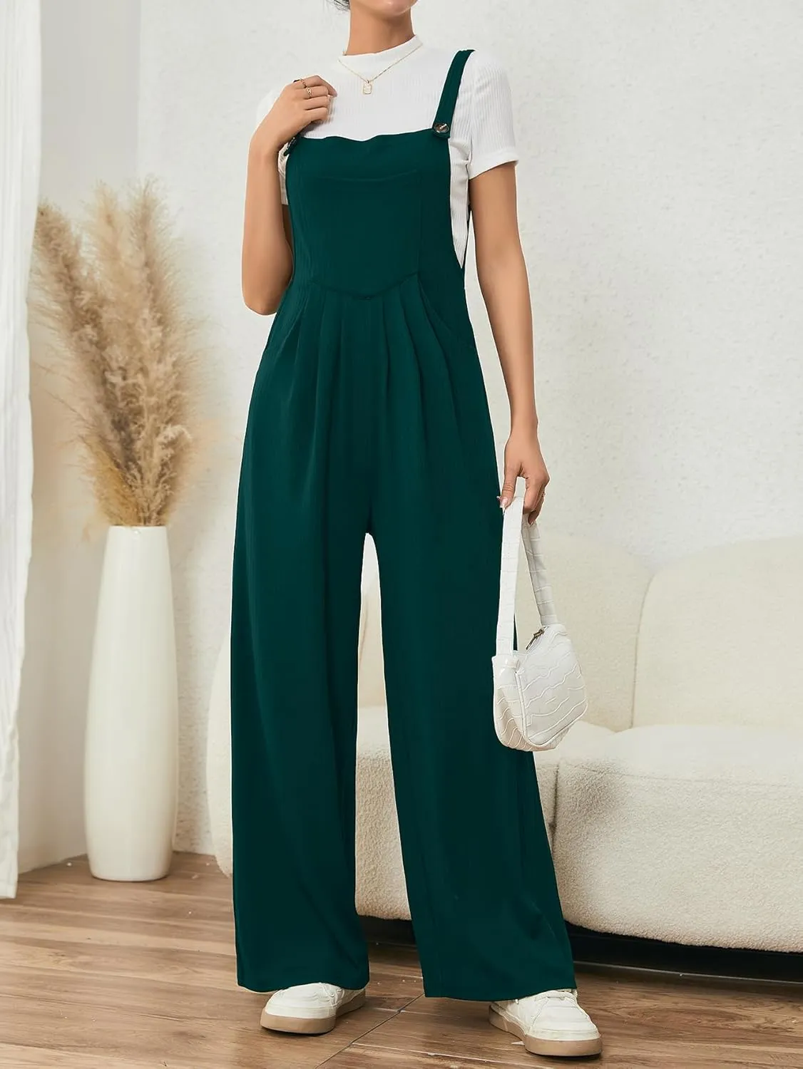 OYOANGLE Women's Casual Loose Wide Leg Pinafore Pants with Pocket Overalls jumpsuit