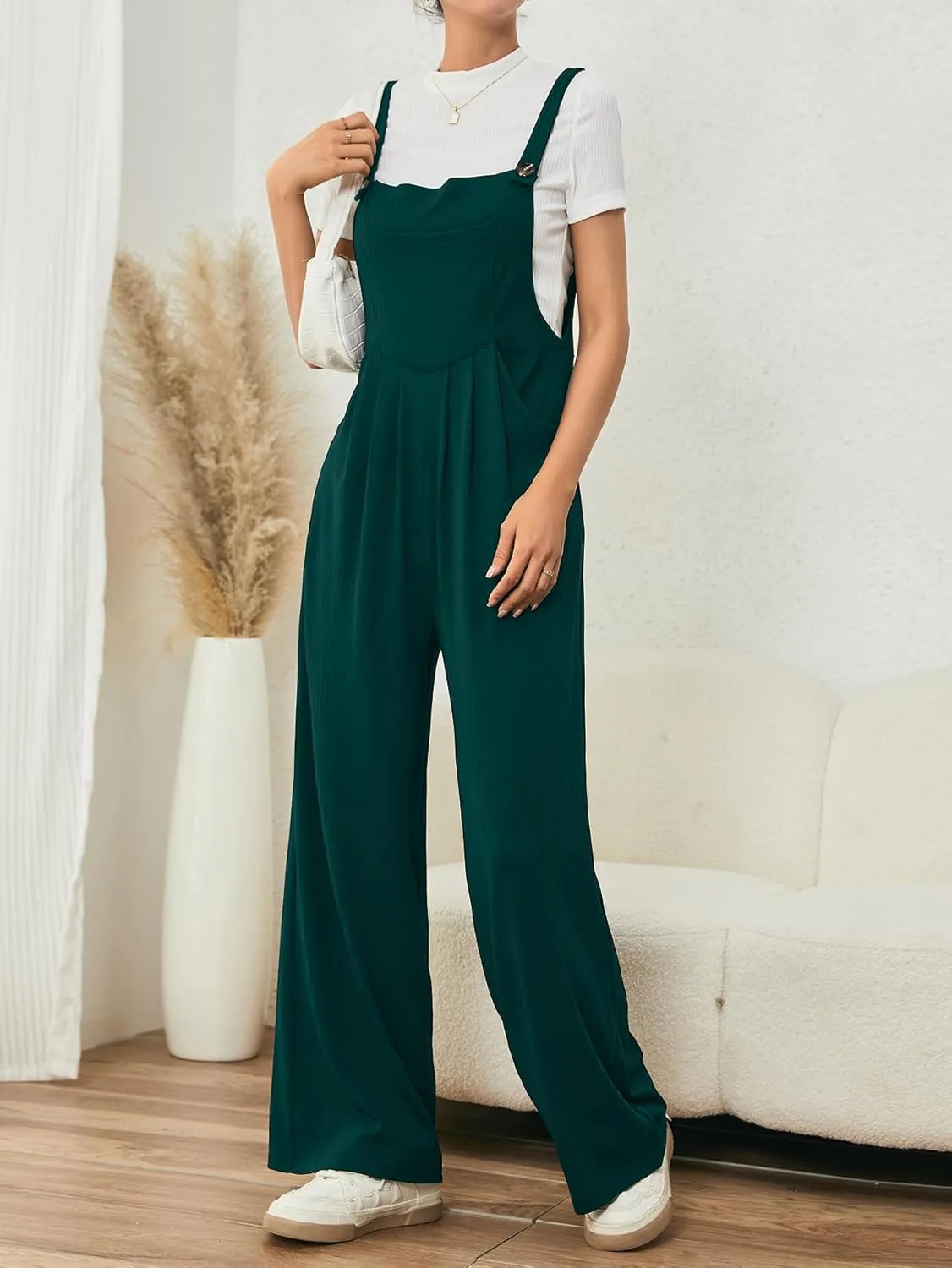 OYOANGLE Women's Casual Loose Wide Leg Pinafore Pants with Pocket Overalls jumpsuit