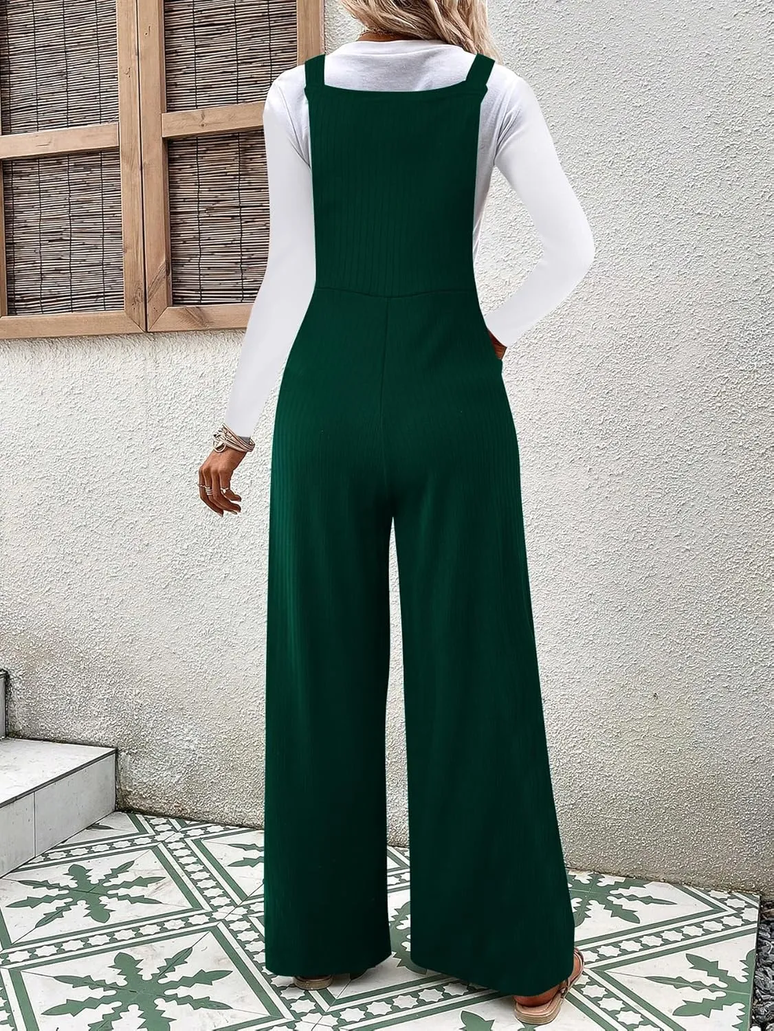 OYOANGLE Women's Casual Loose Wide Leg Pinafore Pants with Pocket Overalls jumpsuit