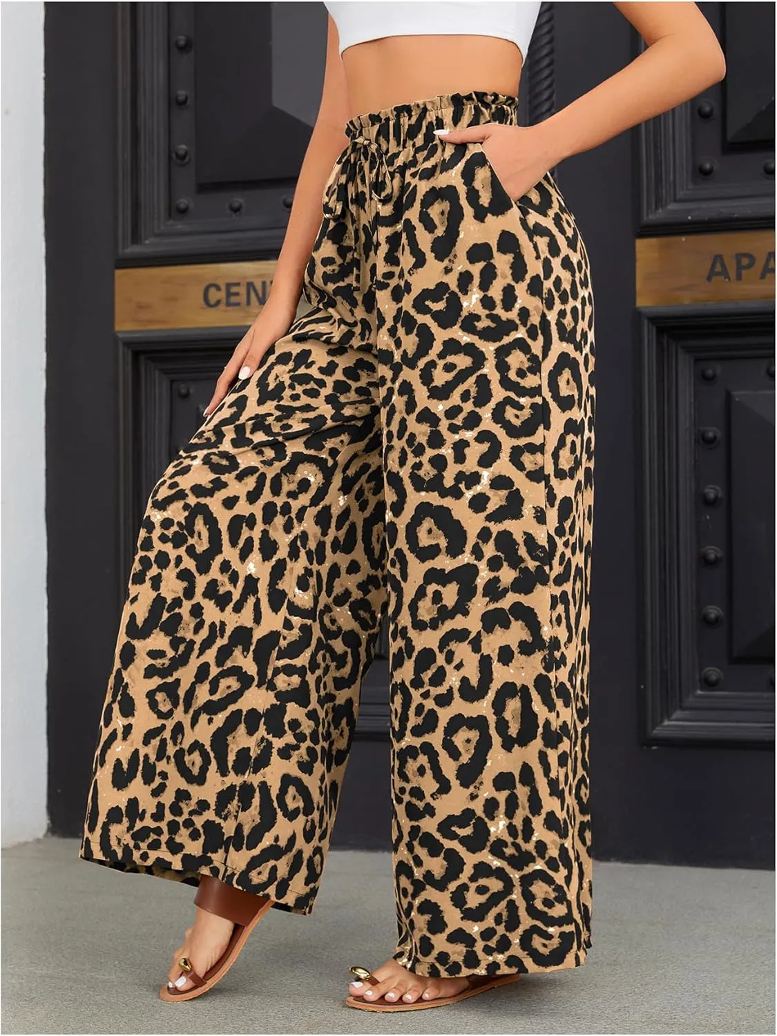 OYOANGLE Women's Leopard Print Elastic High Waist Wide Leg Pants Tie Front Pockets Loose Casual Trousers