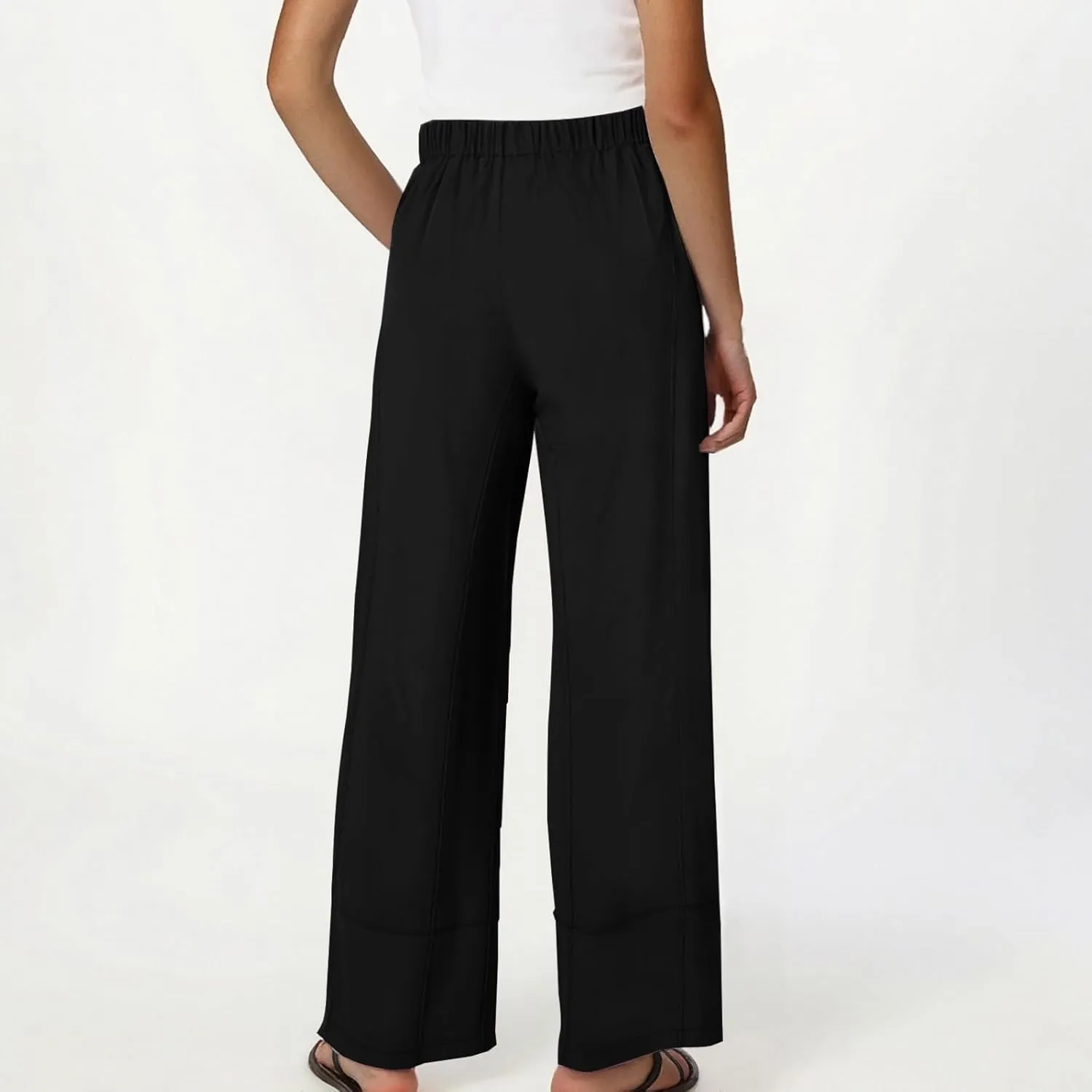 Palazzo Pants for Women Casual Elastic High Waist Straight Leg Pant Summer Cotton Linen Boho Trousers with Pockets