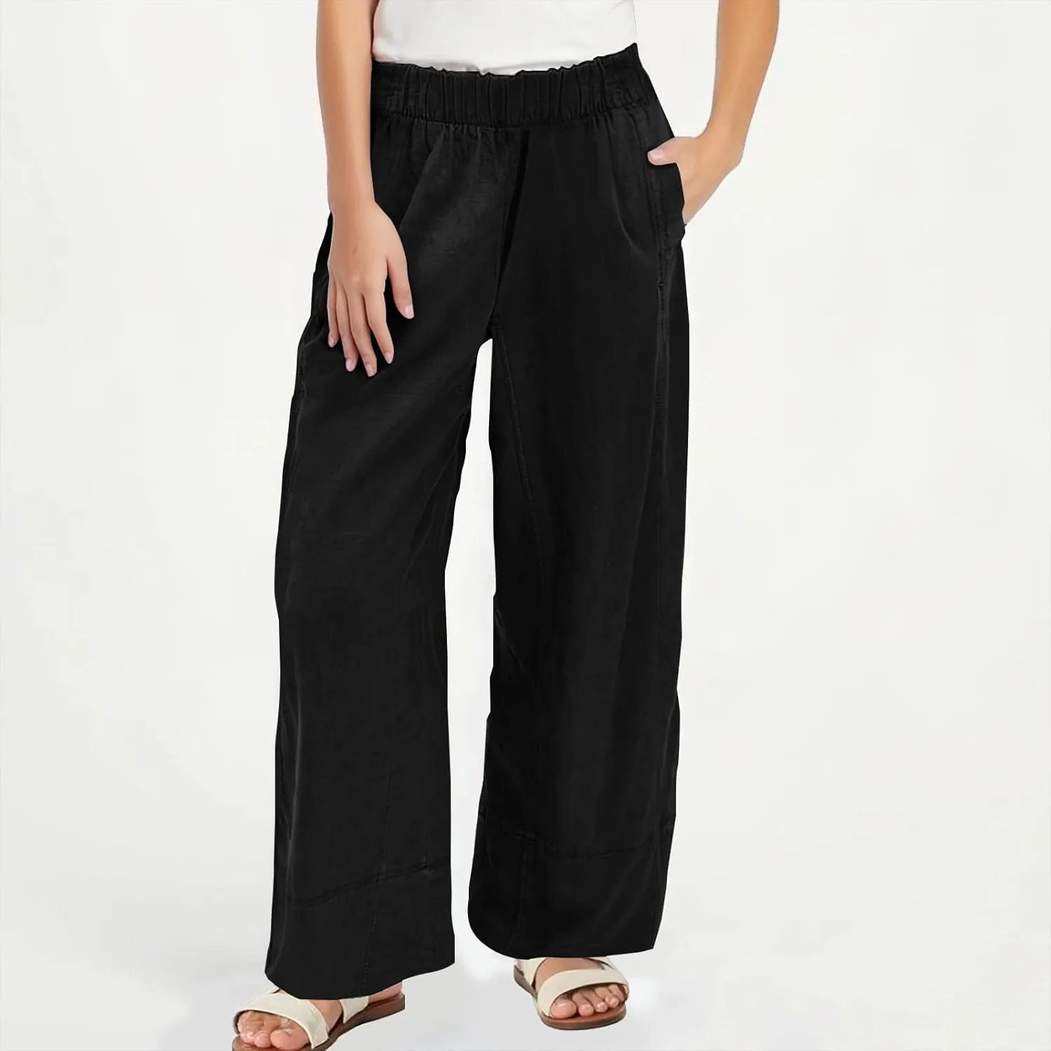 Palazzo Pants for Women Casual Elastic High Waist Straight Leg Pant Summer Cotton Linen Boho Trousers with Pockets