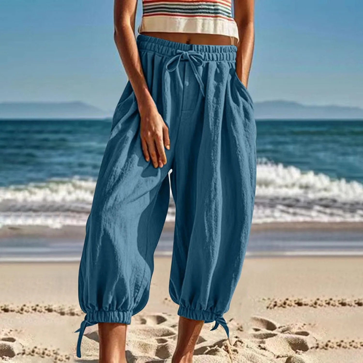 Palazzo Pants for Women Dressy Casual High Waist Drawstring Wide Leg Pants Plus Size Summer Beach Cropped Trousers 2025