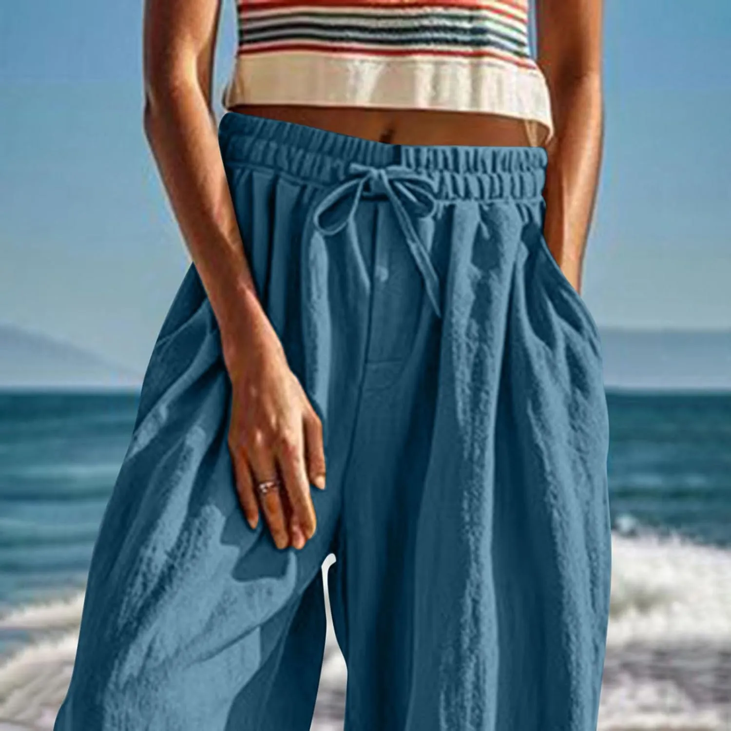 Palazzo Pants for Women Dressy Casual High Waist Drawstring Wide Leg Pants Plus Size Summer Beach Cropped Trousers 2025