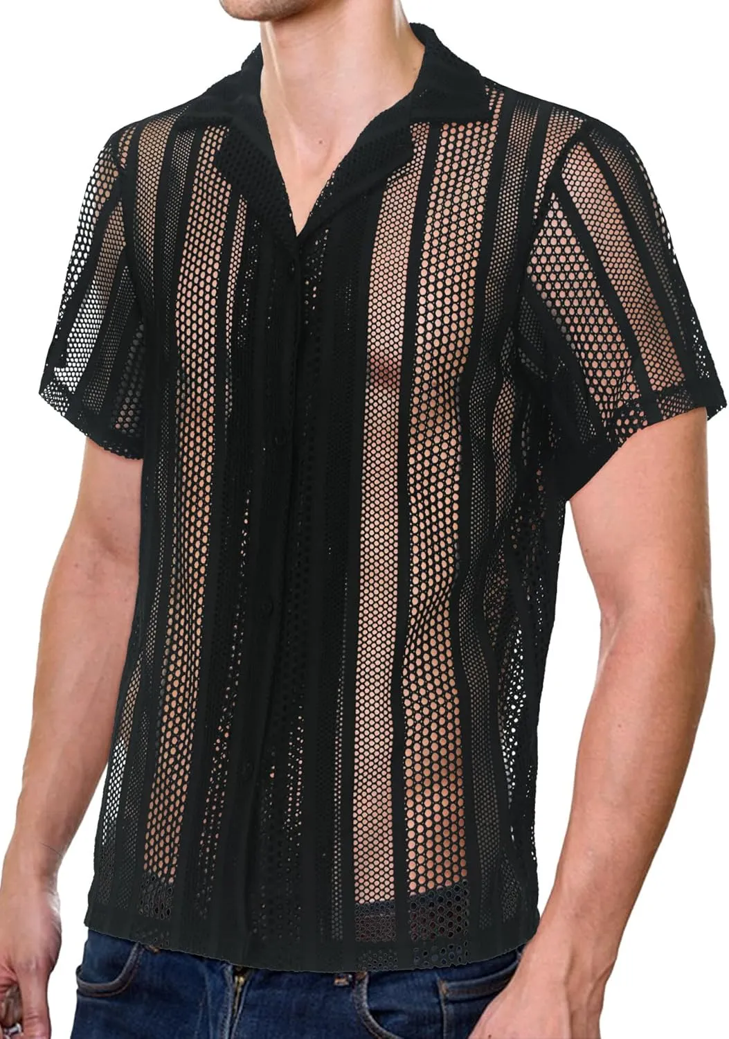 Panegy Men's Sheer Top Disco Rave Festival Outfits Rock Bands Nightclub Party Tee Shirts Blouse 70s Streetwear