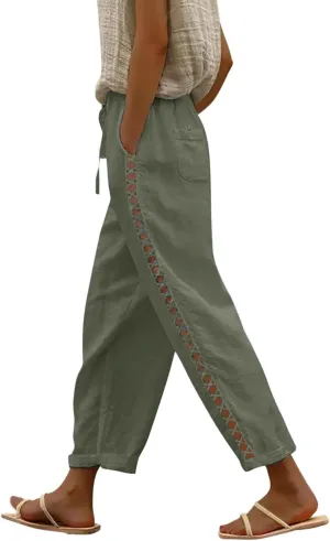 Pants for Women, Stripe Linen Straight Leg Peasant Pants Casual Trendy 2025