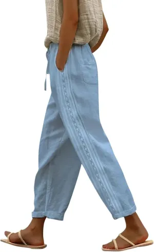 Pants for Women, Stripe Linen Straight Leg Peasant Pants Casual Trendy 2025