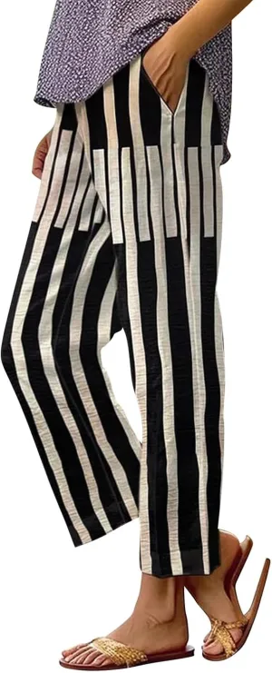 Petite Linen Cotton Pants for Women Summer Work Pants Boho Floral Beach Summer Clother with Pockets 2025