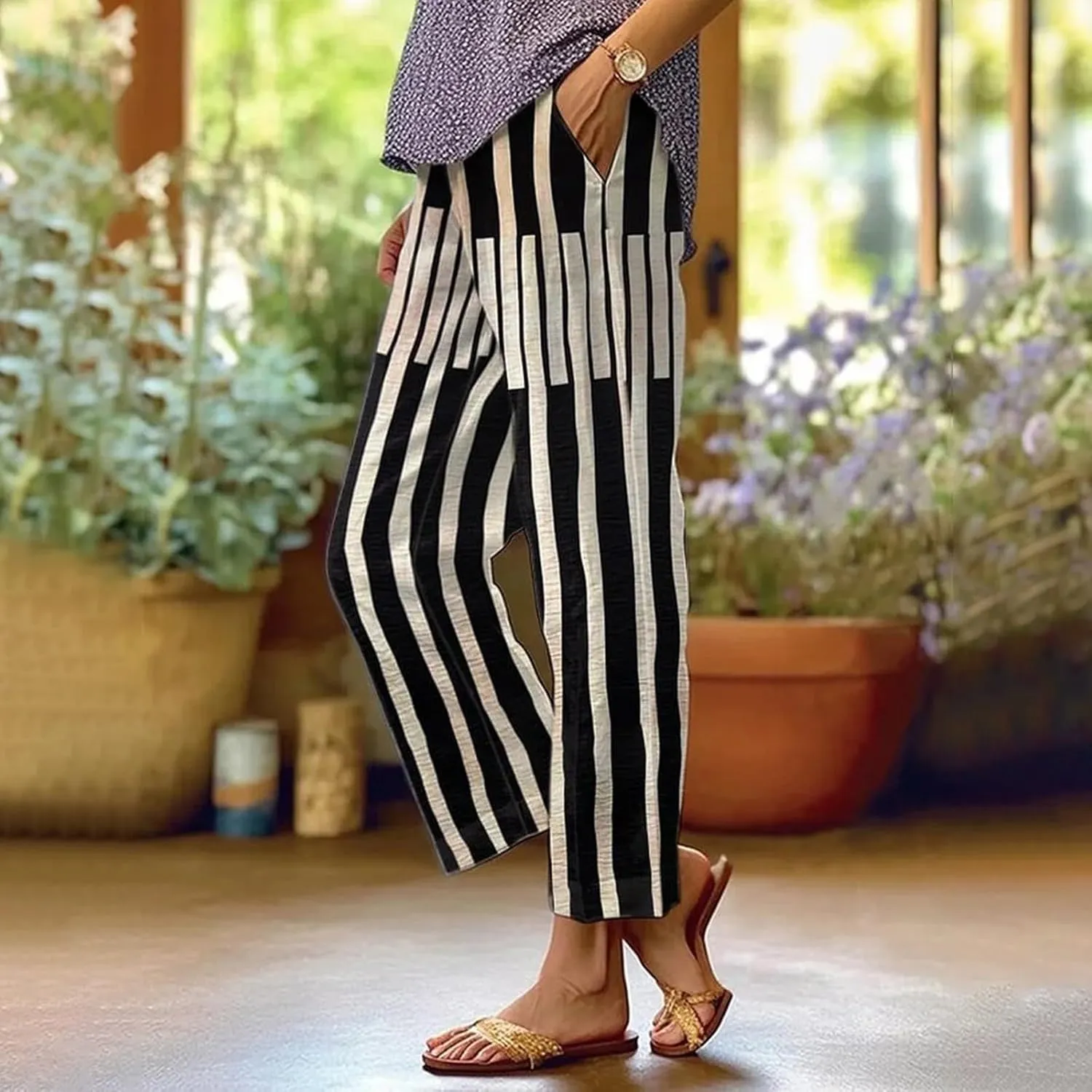 Petite Linen Cotton Pants for Women Summer Work Pants Boho Floral Beach Summer Clother with Pockets 2025