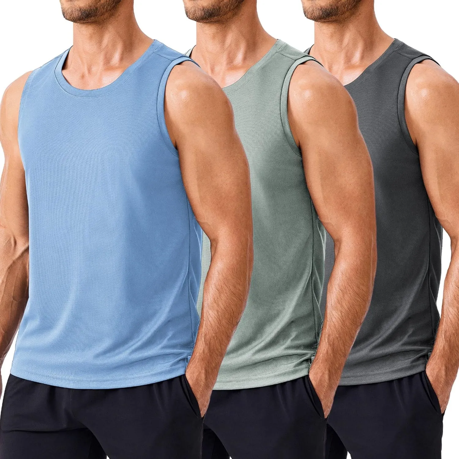 PINSPARK Men's 3 Pack Workout Tank Tops Quick Dry Sleeveless Muscle Tee Gym Bodybuilding Fitness Shirts for Men