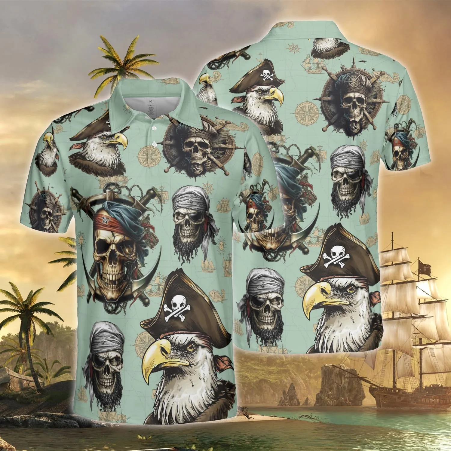 Pirate Polo Shirts for Men - Pirate Lover Stylish Mens Goft Shirt Casual Short Sleeve Button Down Outfit Set 67