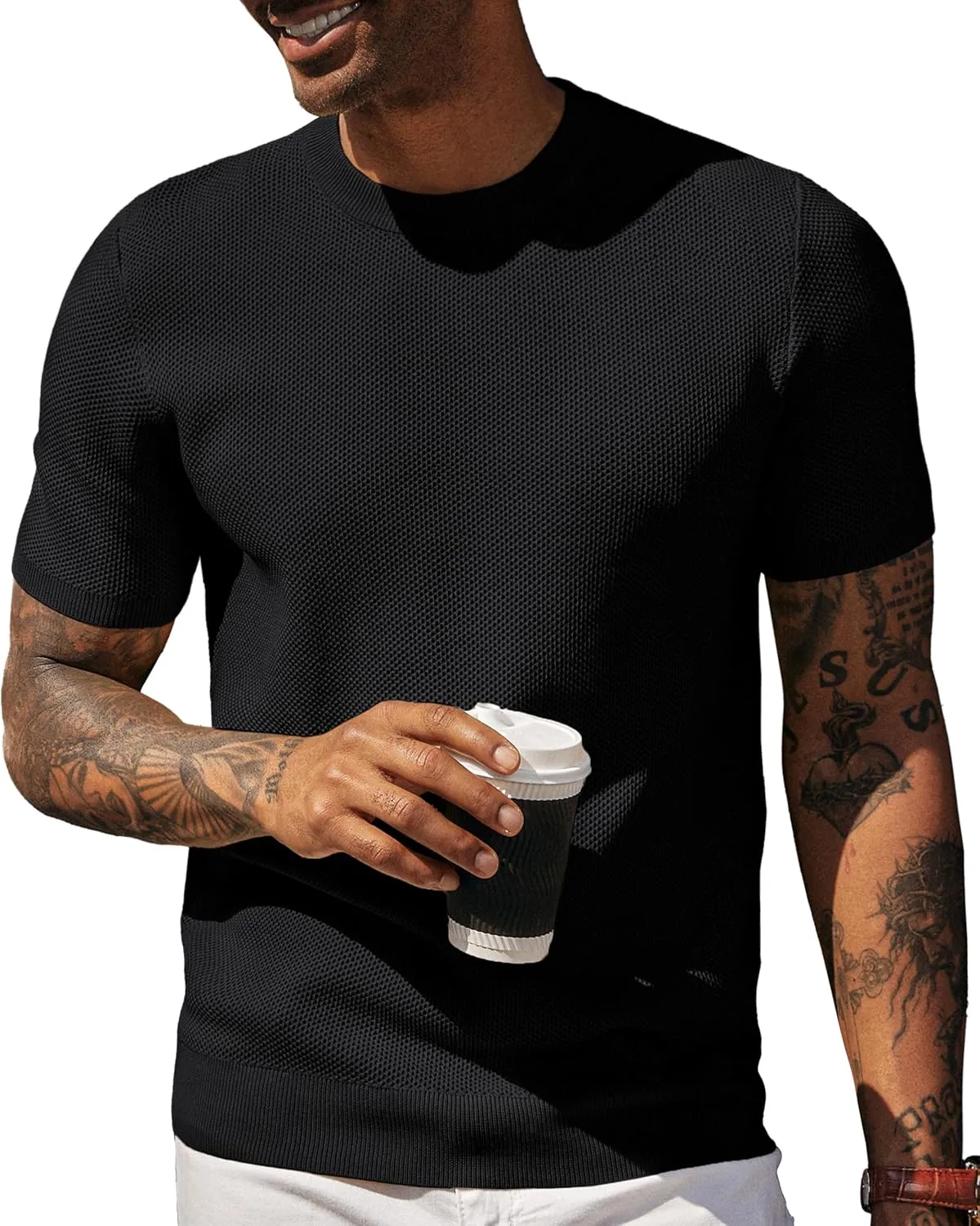 PJ PAUL JONES Men's T-Shirts Casual Knit Short Sleeve Crewneck Honeycomb Waffle Solid Knitted Pullover Tees