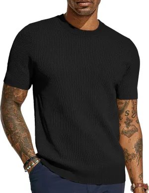 PJ PAUL JONES Men's T-Shirts Casual Knit Short Sleeve Crewneck Honeycomb Waffle Solid Knitted Pullover Tees