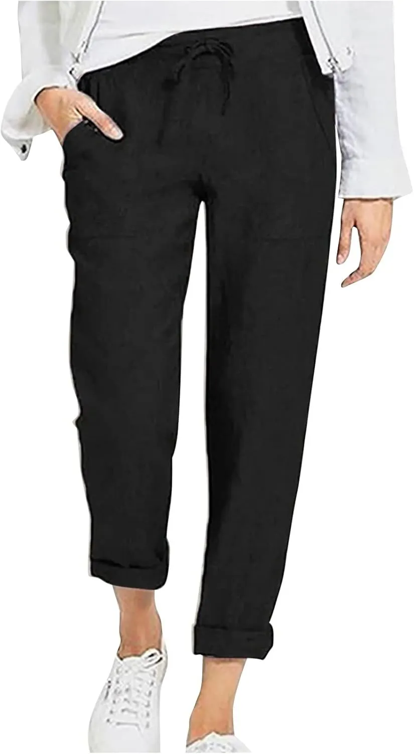 Plus Size Cotton Pants for Women Linen Blend Plus Size Drawstring Pants Folded Hem Lightweight Summer Pants