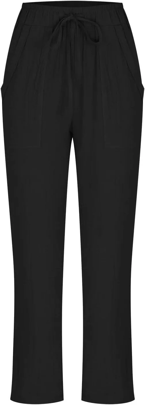 Plus Size Cotton Pants for Women Linen Blend Plus Size Drawstring Pants Folded Hem Lightweight Summer Pants
