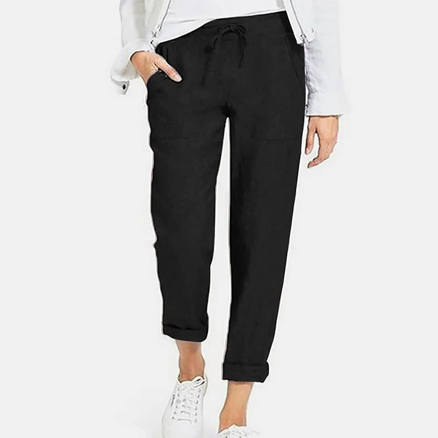 Plus Size Cotton Pants for Women Linen Blend Plus Size Drawstring Pants Folded Hem Lightweight Summer Pants