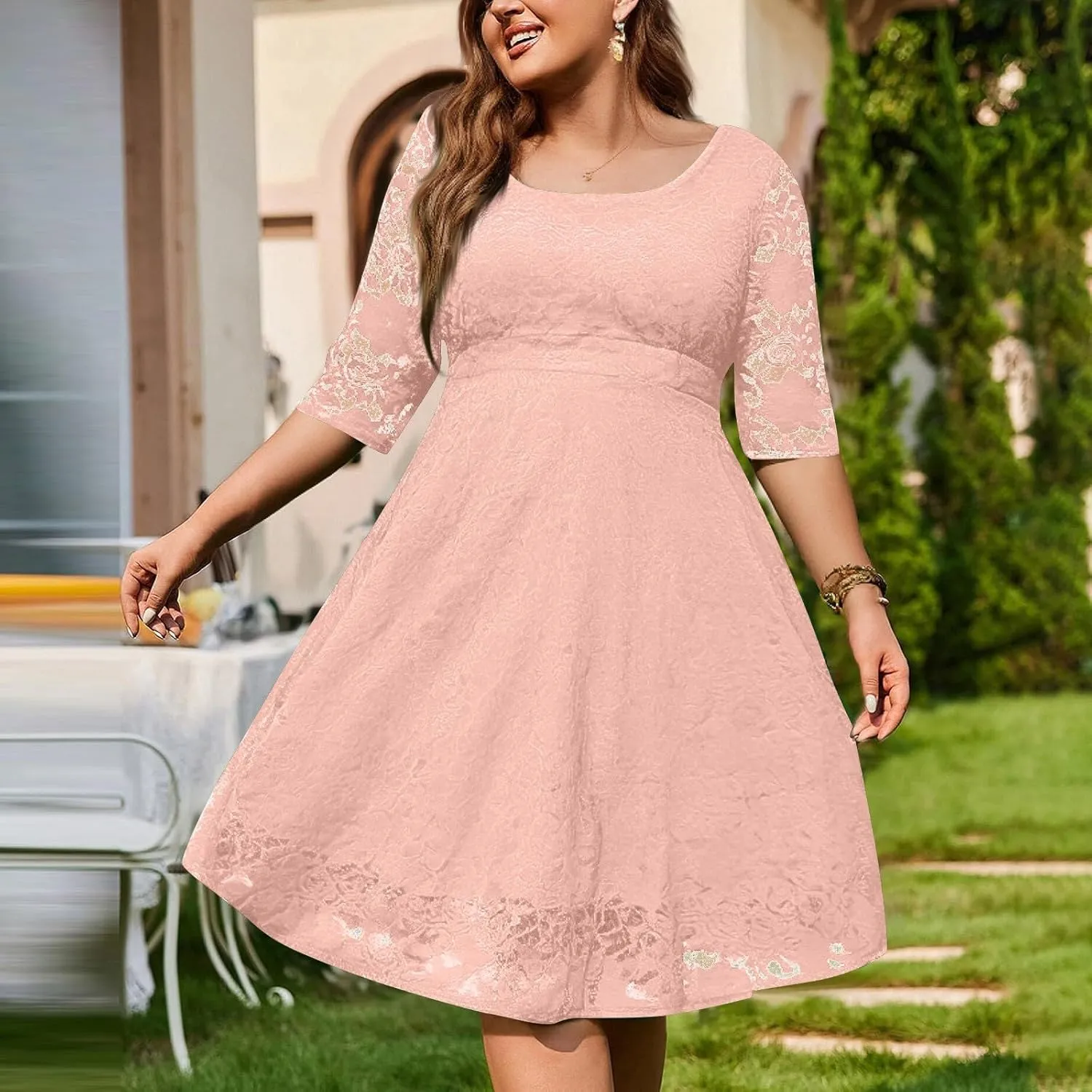 Plus Size Dress for Curvy Women 3/4 Sleeve Lace Corset Aline Midi Dresses, XXXXXXL-8XL