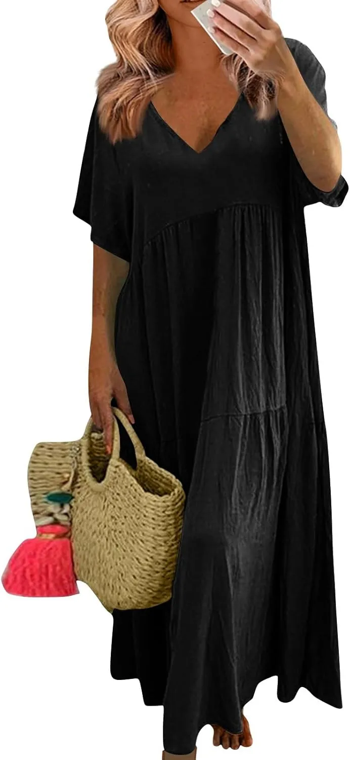 Plus Size Dress for Women V Neck Short Sleeve Linen Summer Dress Loose Casual Tiered Pleated Flowy Maxi Dresses