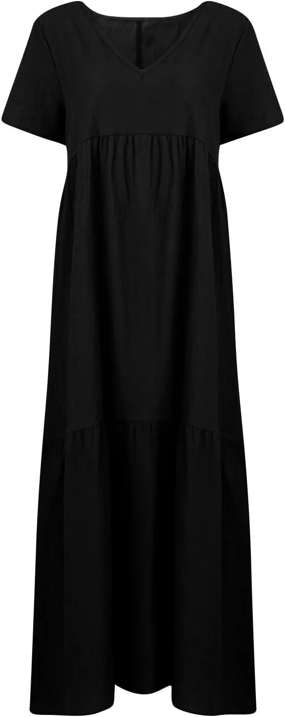 Plus Size Dress for Women V Neck Short Sleeve Linen Summer Dress Loose Casual Tiered Pleated Flowy Maxi Dresses