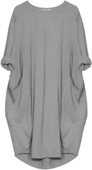 Plus Size Dresses for Women Summer Loose Crew Neck Long Sleeve Midi Dress Basic Solid Color Top Dress with Pockets