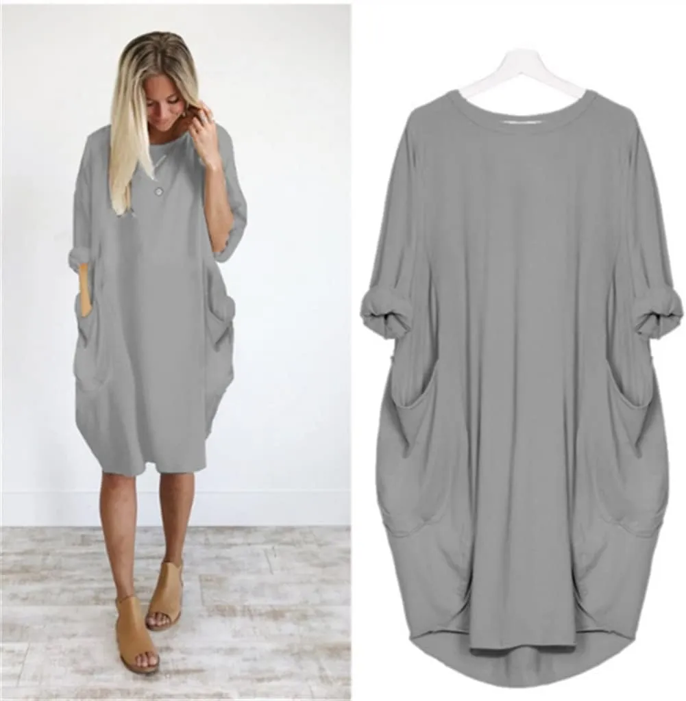 Plus Size Dresses for Women Summer Loose Crew Neck Long Sleeve Midi Dress Basic Solid Color Top Dress with Pockets