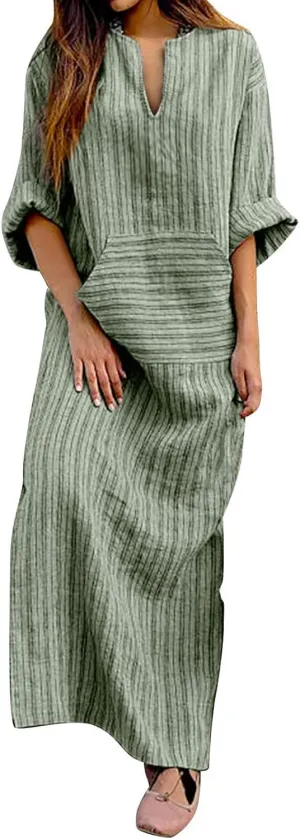 Plus Size Linen Dress for Women 2024 Casual Trendy Striped Print Long Sleeve Midi Dress Notch V Neck Dress with Pocket