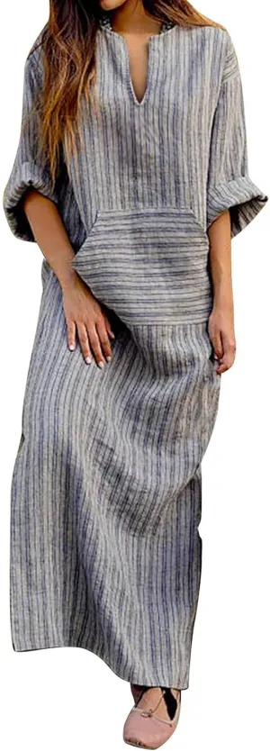 Plus Size Linen Dress for Women 2024 Casual Trendy Striped Print Long Sleeve Midi Dress Notch V Neck Dress with Pocket