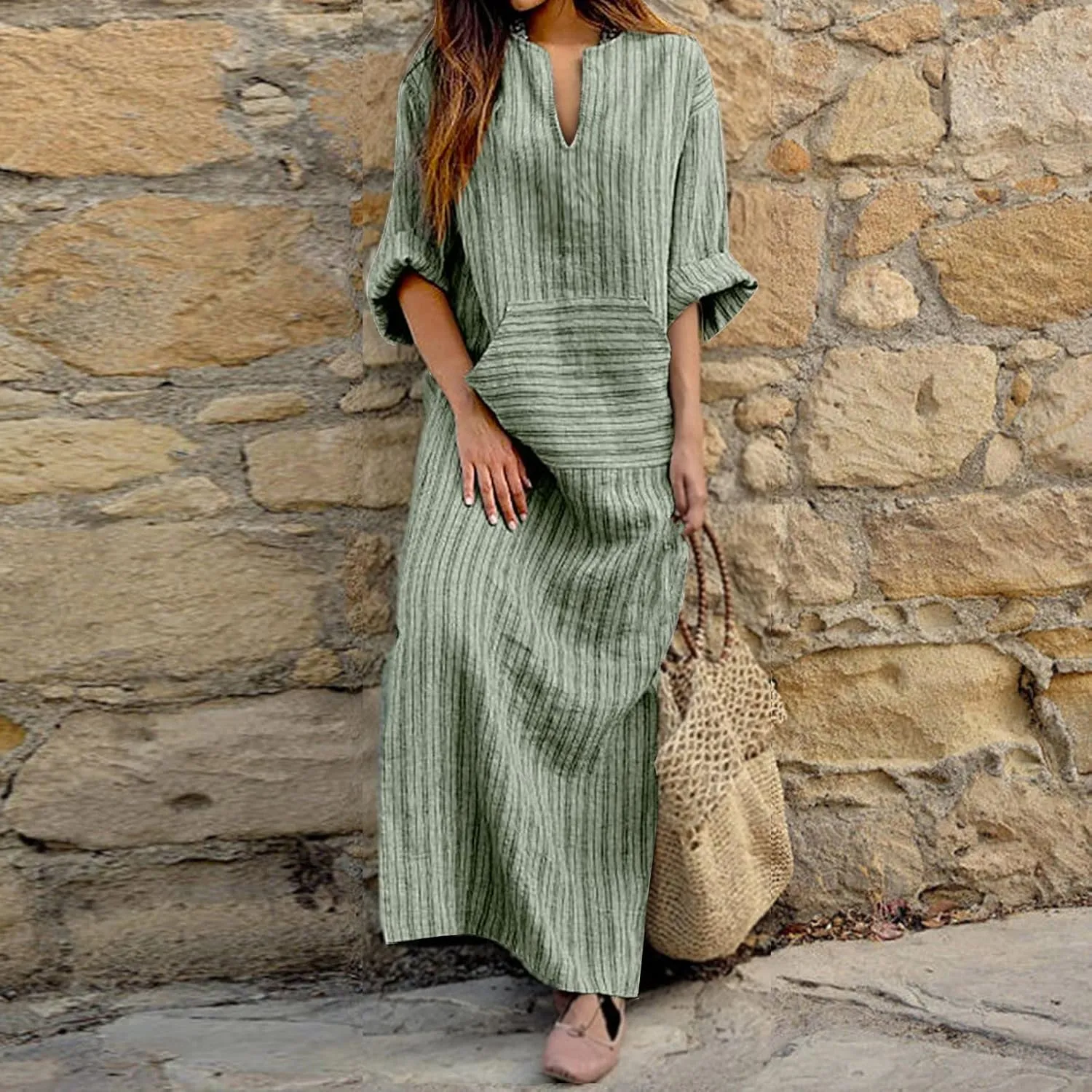 Plus Size Linen Dress for Women 2024 Casual Trendy Striped Print Long Sleeve Midi Dress Notch V Neck Dress with Pocket