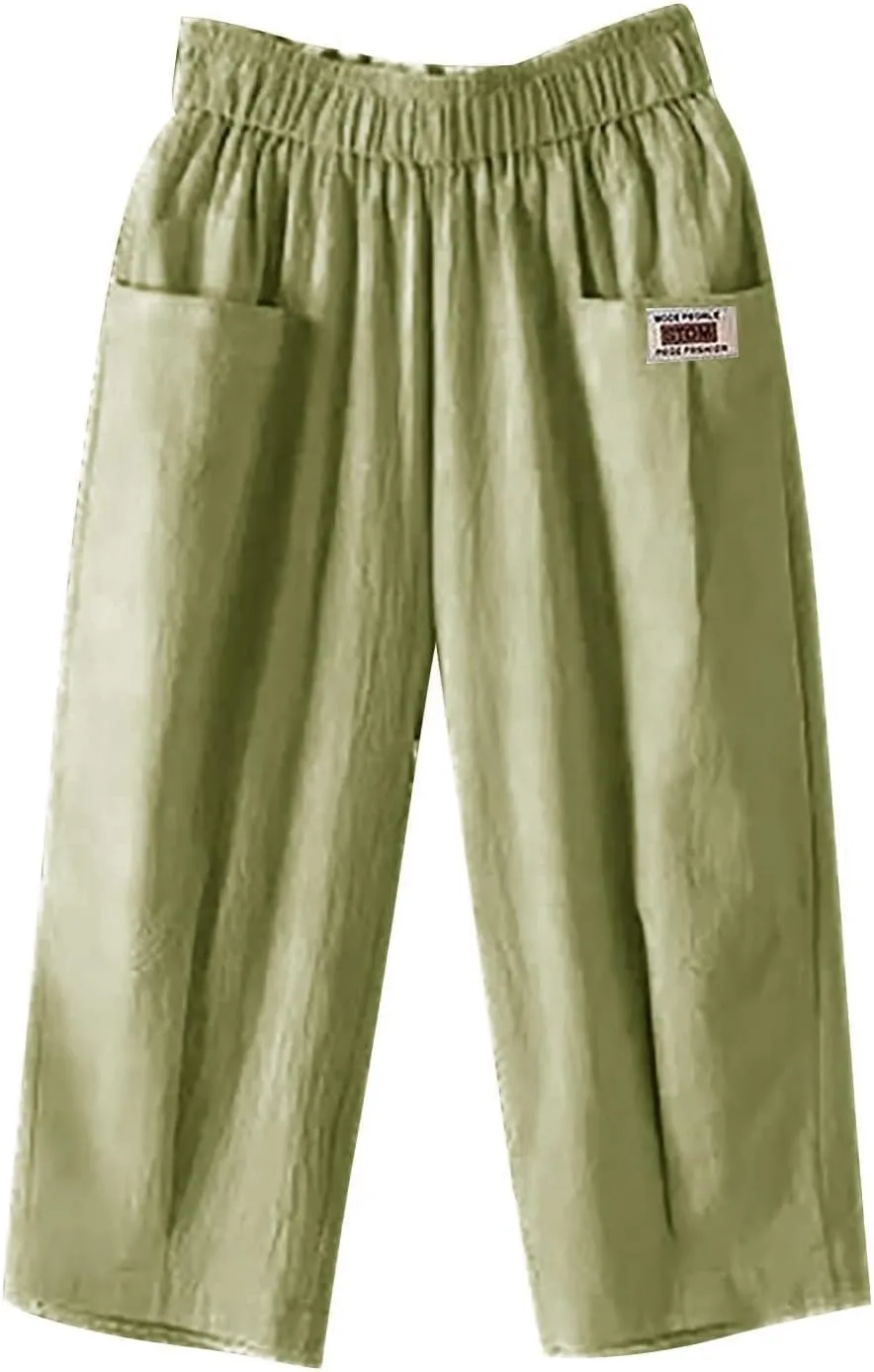 Plus Size Linen Pants for Women Cropped Pants Cotton High Waisted Trousers Loose Travel Vacation Lounge Trousers
