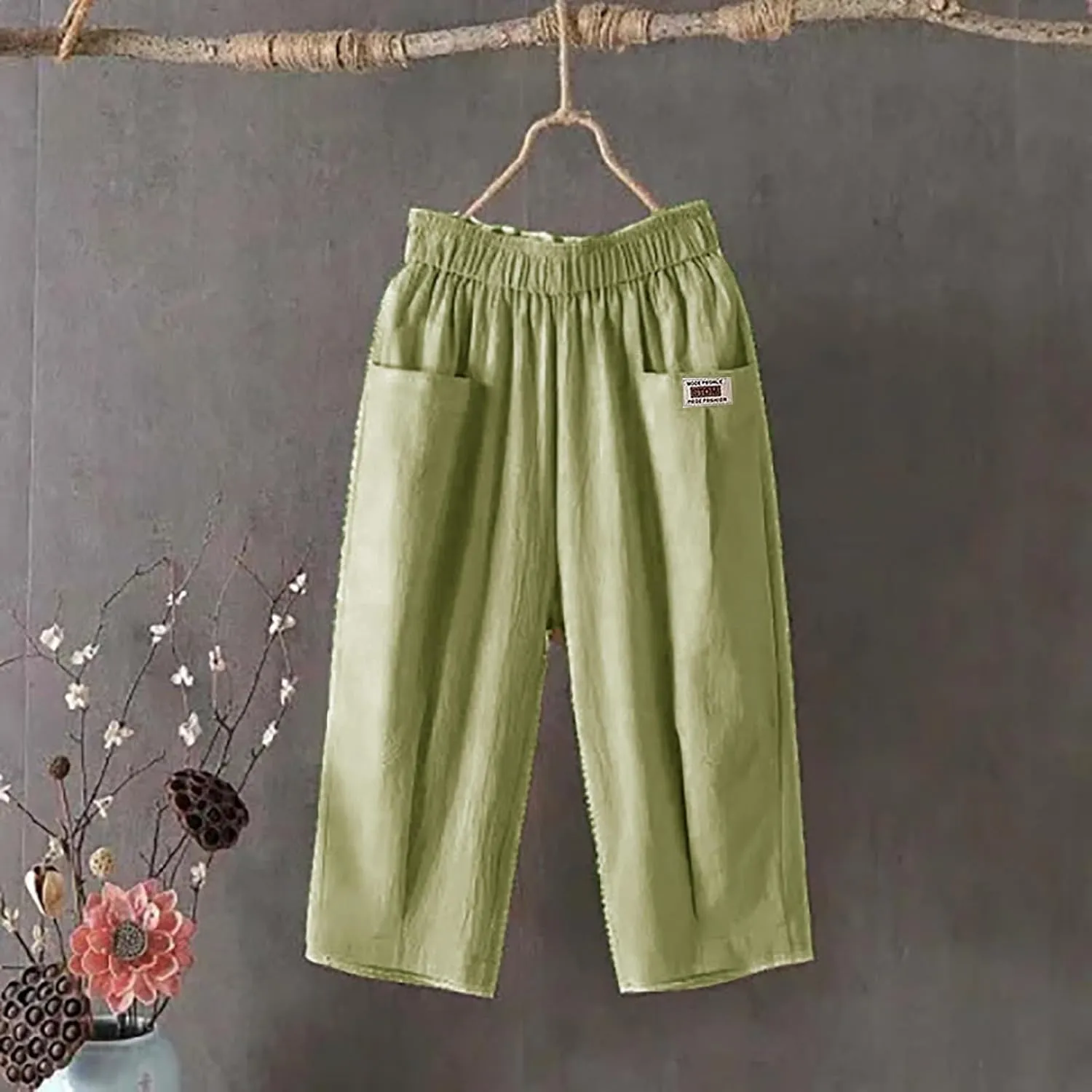 Plus Size Linen Pants for Women Cropped Pants Cotton High Waisted Trousers Loose Travel Vacation Lounge Trousers