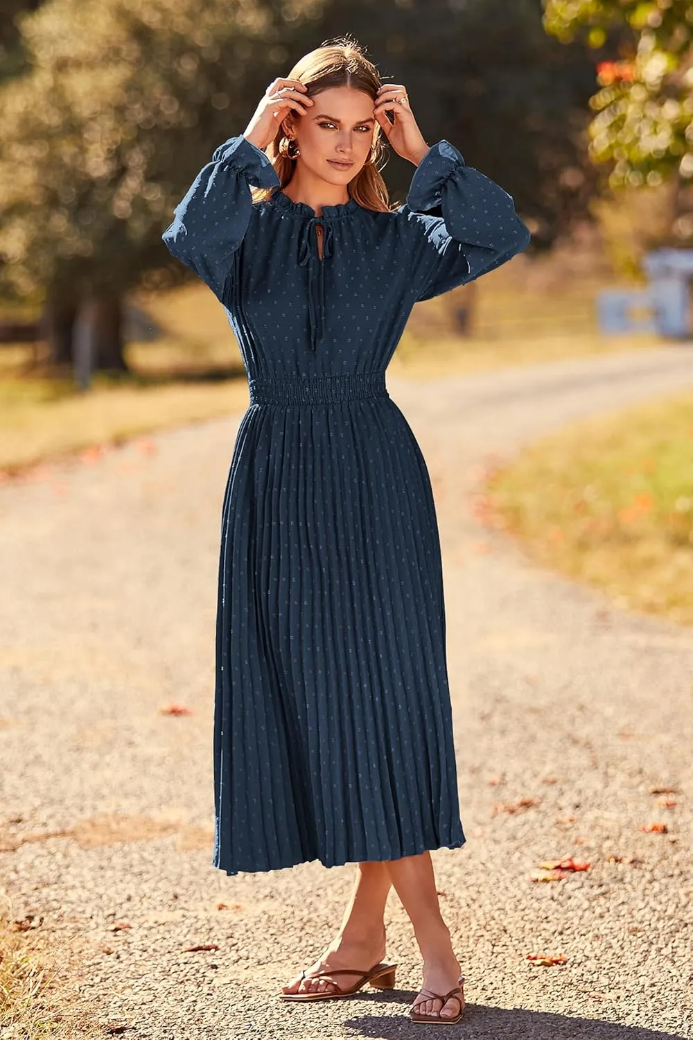 PRETTYGARDEN Women's 2025 Spring Fall Midi Dress Casual Long Sleeve V Neck Swiss Dot Pleated A Line Flowy Dresses